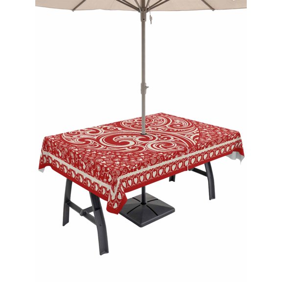 Outdoor Tablecloth with Umbrella Hole and Zipper, Valentine's Day Rectangle Table Cloth 54x80 Inch Waterproof Tablecloth, Red Love Vintage Country Abstract Art Picnic Table Cover for Patio Camping