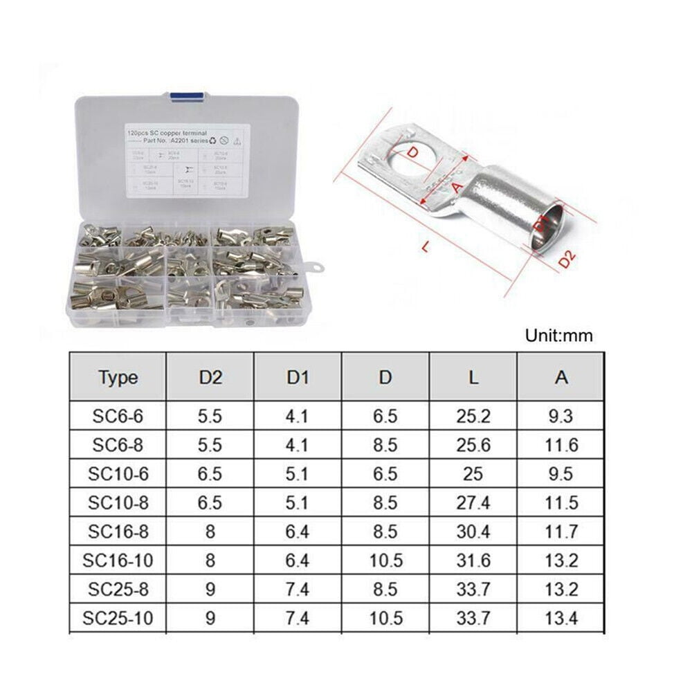120Pcs Heavy Duty Wire Lugs Battery Cable Ends Copper Tubular Ring Terminals
