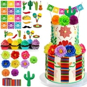 33 PCS Mexican PresNok Fiesta Cake Topper Mini Mexican Papel Picado Banner Cactus Pepper Sombrero and Flower Cake Decor for Mexican Themed Party Decorations