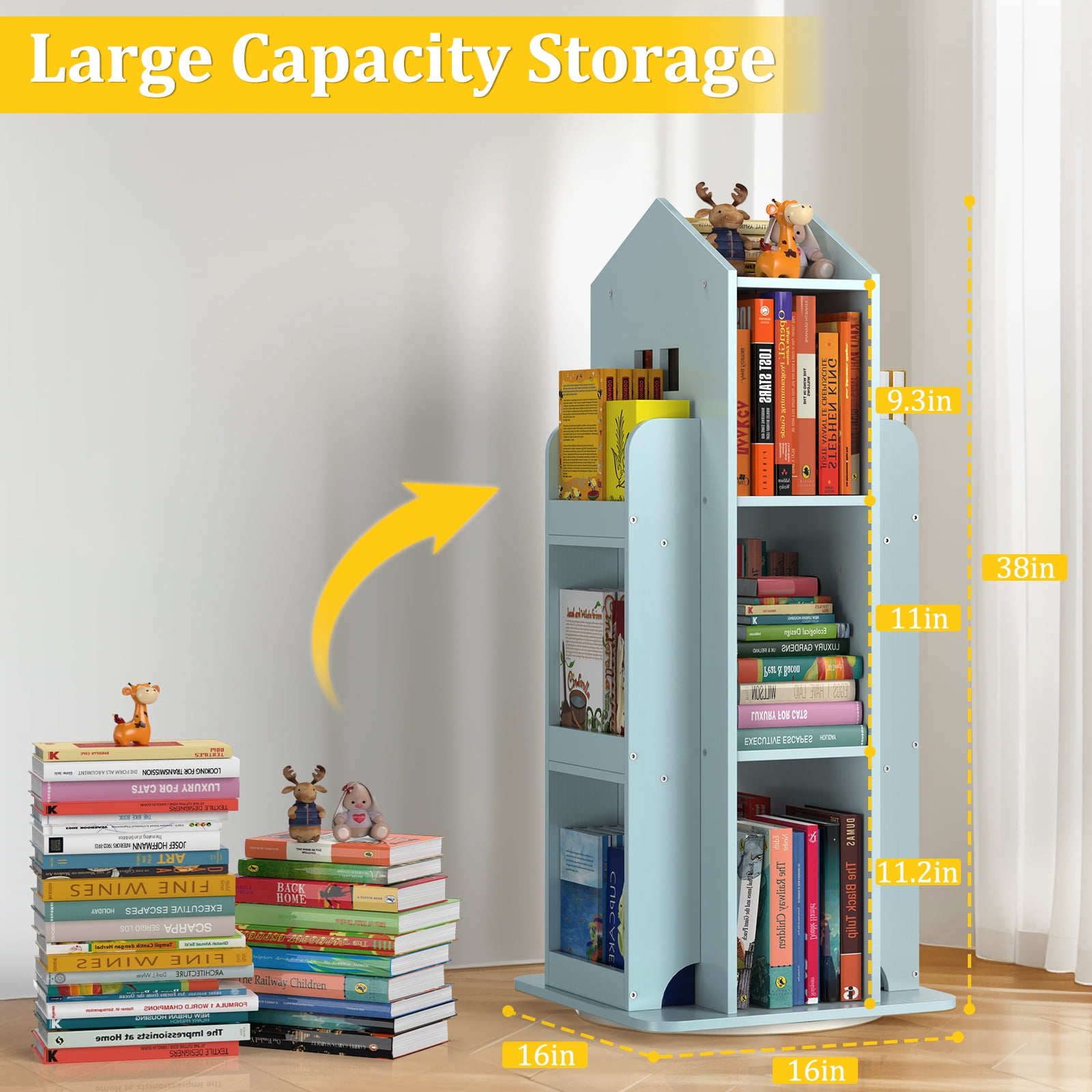 360° Rotating Kids Bookshelf, Blue Engineered Wood House-Shaped Bookcase, 38in Tall Storage Organizer for Bedroom, Playroom, Living Room