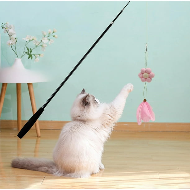 Juguete para gatos: palo de juego con cascabeles y plumas reemplazables, 180 cm, juego interactivo de entrenamiento para gatitos, 1 unidad, rosa Rkxzt
