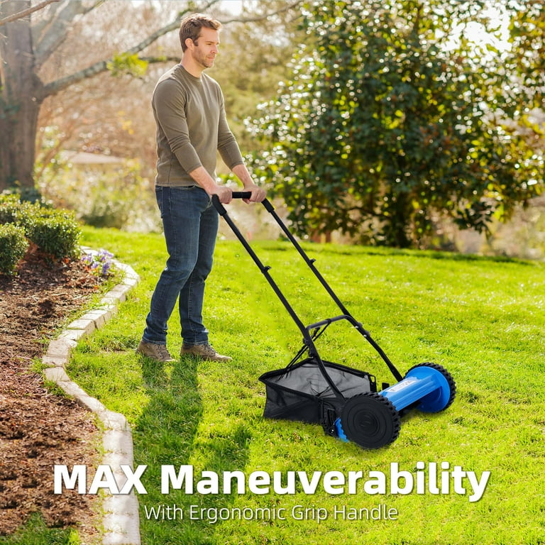 16 5 Blade Push Reel Lawn Mower with Grass Catcher No Gas or Electric Push Manual Lawn Mower with Sharp Steel Blades Adjustable Heights Eco Friendly and Quiet Operation for Home Lawns Blue
