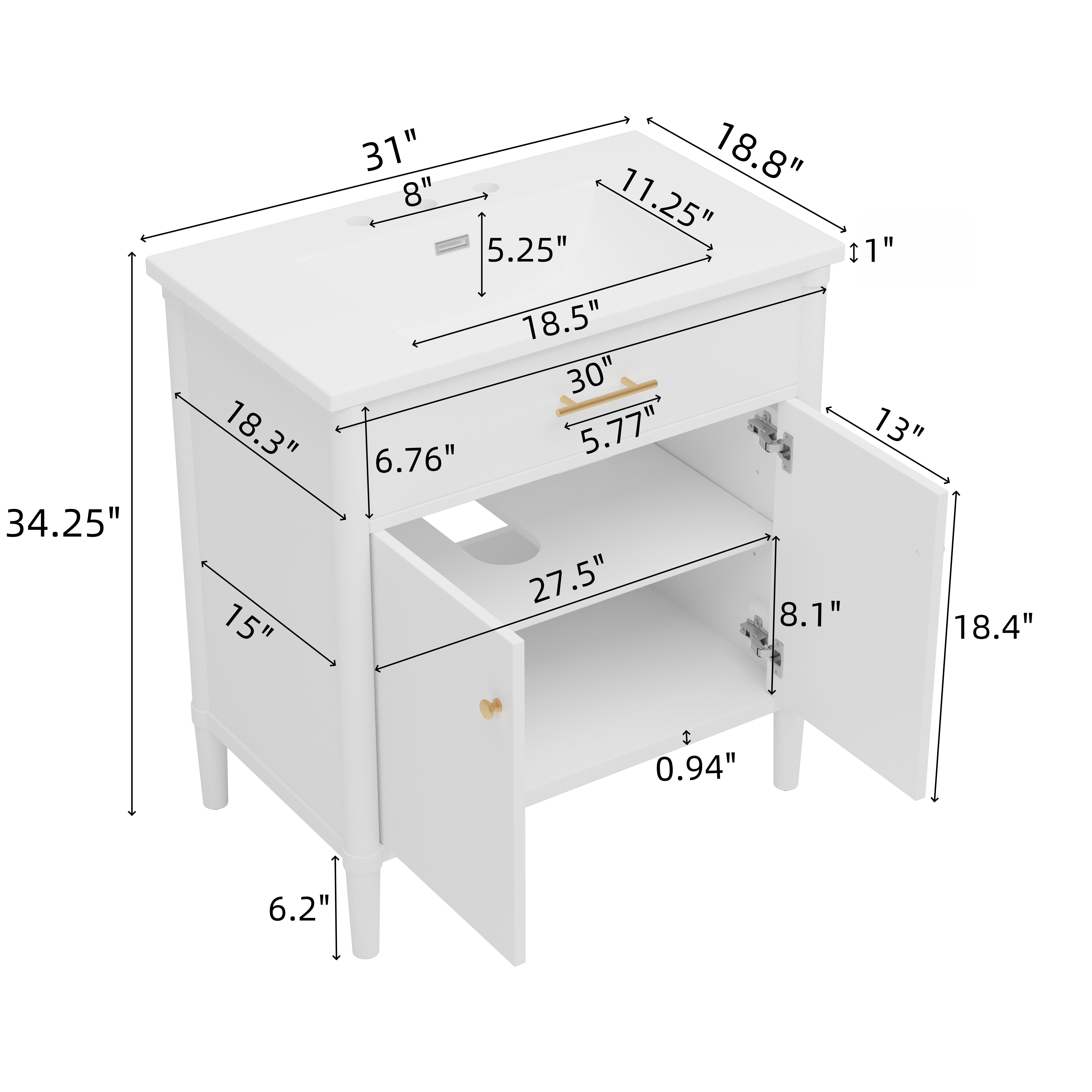 Euroco 31" Bathroom Vanity with Sink, Bathroom Cabinet with Soft Close Doors and Adjustable Shelf, Curved Profile Design, Rubber Wood Legs, White