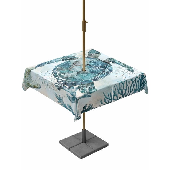 Square Outdoor Tablecloth With Umbrella Hole And Zipper– Blue Sea Turtle Starfish Waterproof Patio Table Cover for Party, Picnic, Backyard, 60"x60" , Summer Ocean Coastal