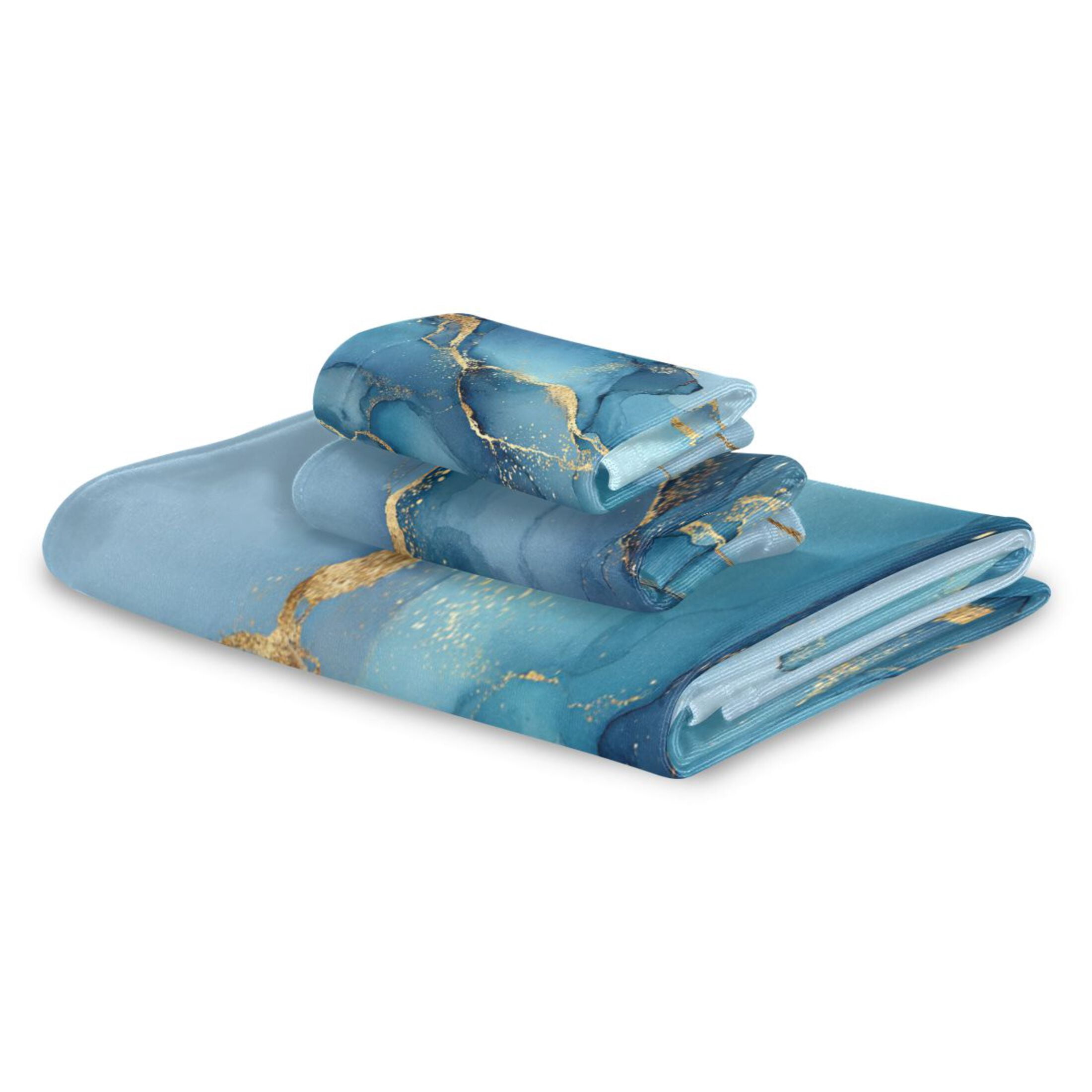 3 Sizes of Towel Sets Including Bath Towel Hand Towel and Washcloth for Daily Use Light Blue Gold Marble Pattern