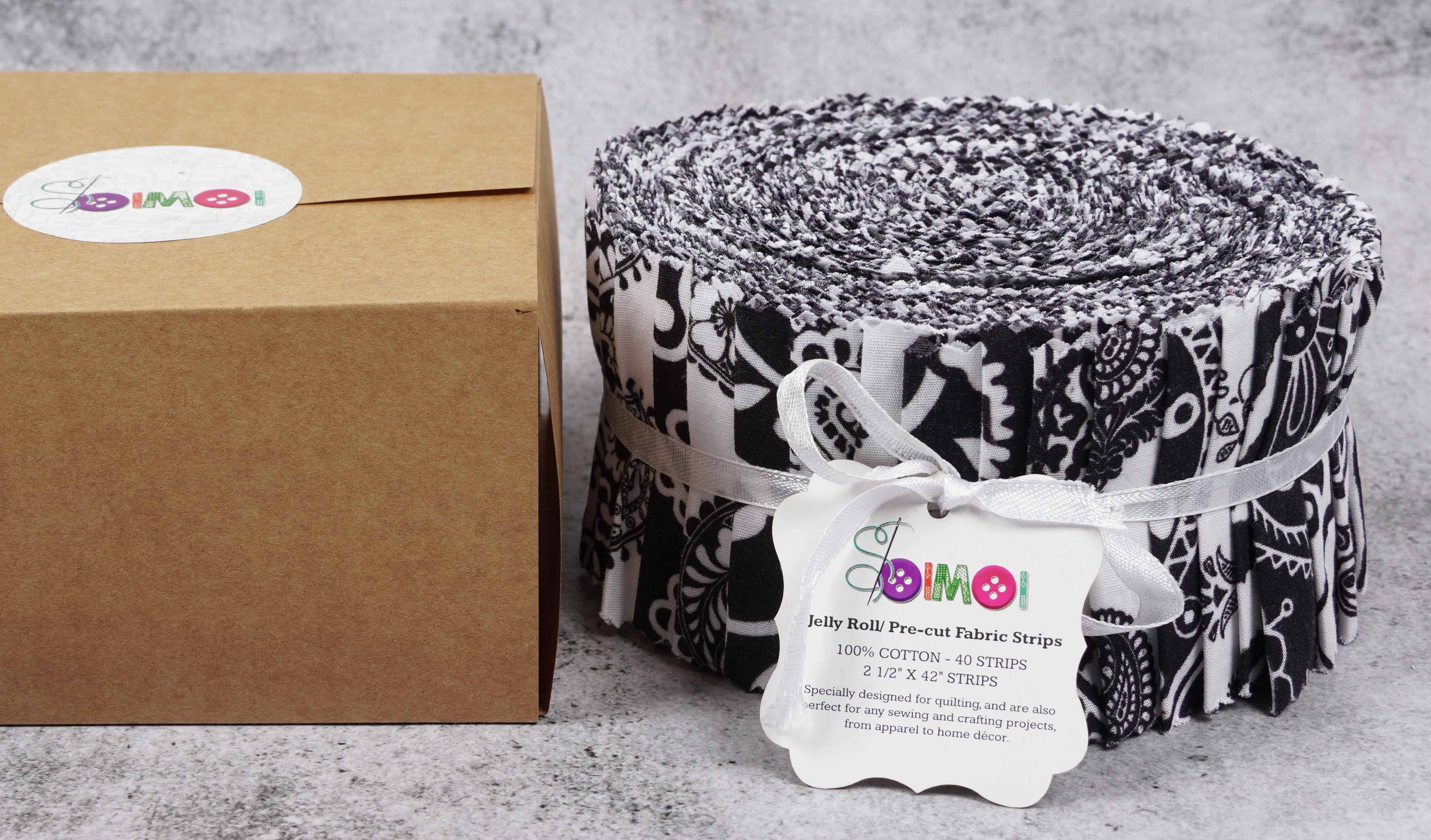 Soimoi 40Pcs Block & Paisley Print Cotton Precut Fabrics For Quilting Craft Strips 2.5 inches Jelly Roll - White & Black
