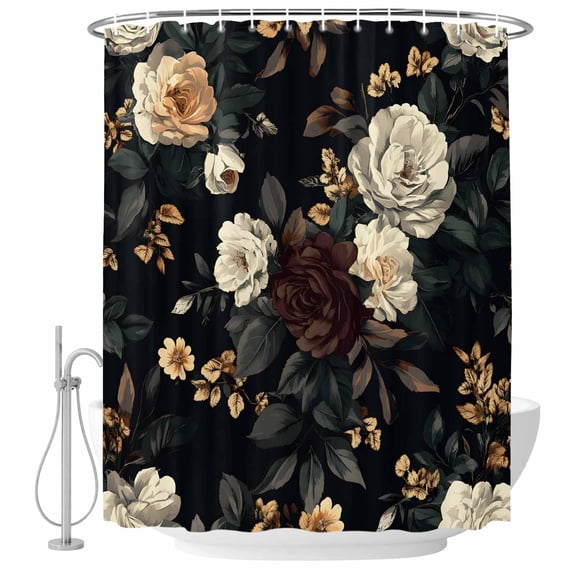 Vintage Black Floral Shower Curtain Set - 72" x 78" Washable Bathtub Curtain with 12 Hooks, Spring Seasonal Botanical Blooms Waterproof Fabric Stall Shower Curtains for Bathroom/Bathtub Décor