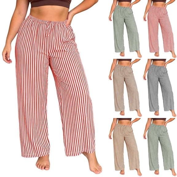 Bovxnpu Womens Pajamas Bottoms Sleep Pants Striped Bubbled Cotton High Waist Casual Wide Leg Long Pants Sleepwear