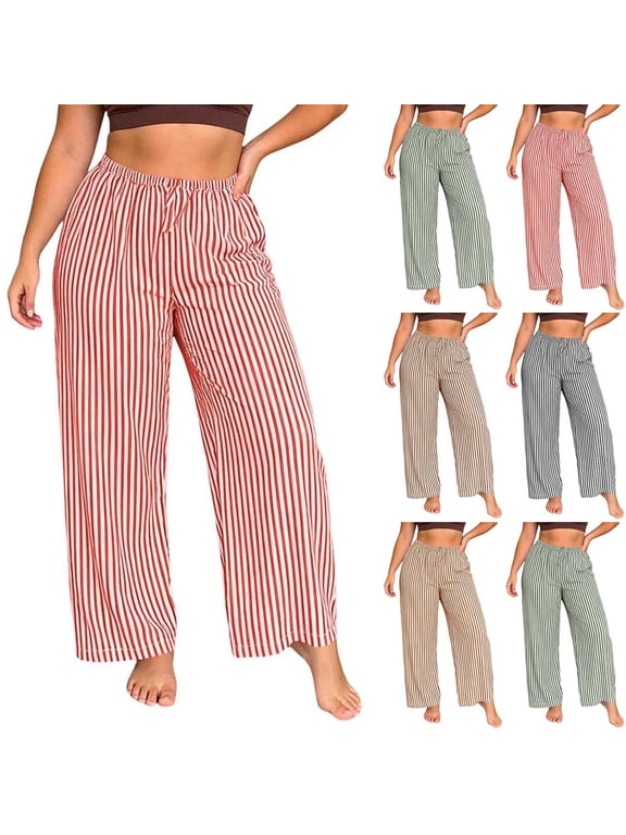 Striped Pants for Women High Waisted Wide Leg Pant Casual Palazzo Trousers with Pockets