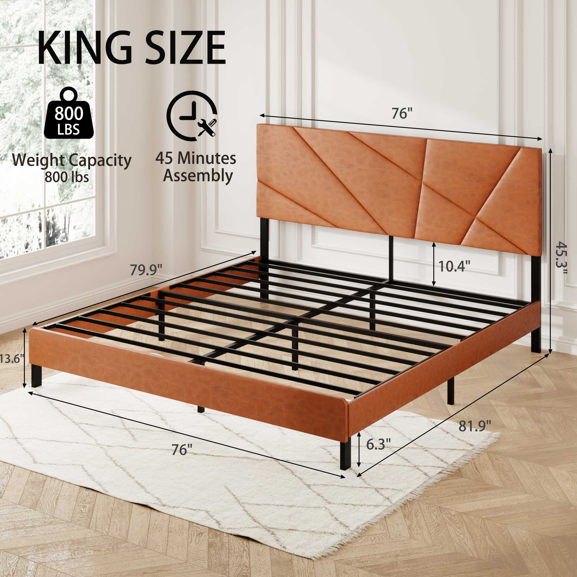 King size metal bed frame, square platform bed with under-bed storage, no spring-loaded mattress required, vintage brown