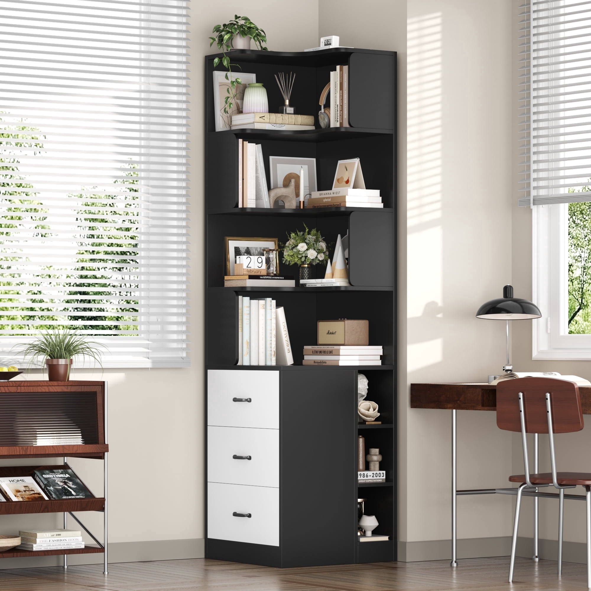 Hiphuta 77"Tall L-Shaped Corner Bookshelf with Drawers and Side Storage, Modern Wood Bookcase with 4-Tier Display Shelves Storage Cabinet for Living Room Home Office , Black & White