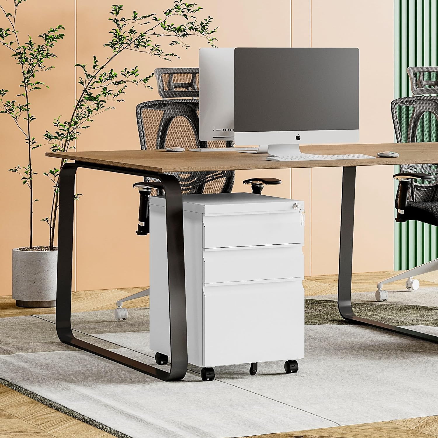 White Filing Cabinet 3 Drawers on Wheels Under Desk, Metal Rolling File Cabinet with Lock for Home Office, Small Mobile File Cabinet for Letter Legal File Folders, Un-Assembled