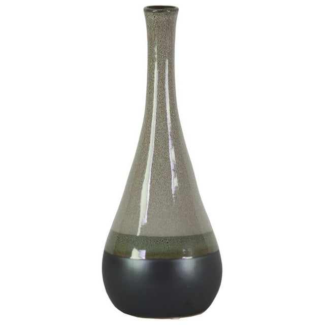 Bellied Stoneware Vase With Black Banded Rim, Large, Glossy Gray