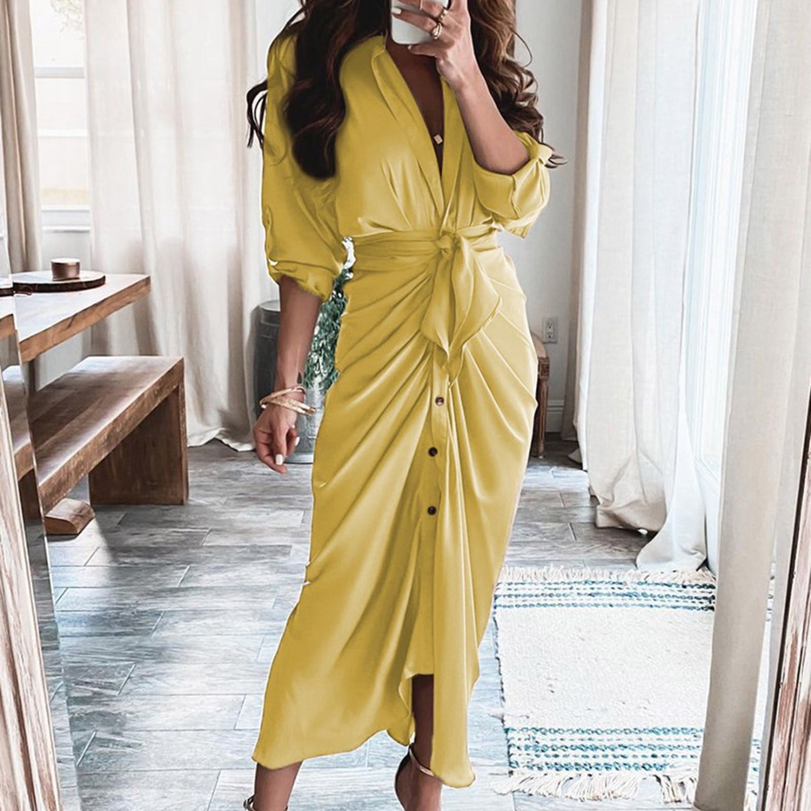 knee length dresses for ladies Catherine Yellow Asymmetrical Pleated Long-Sleeve Maxi Dress main image 1