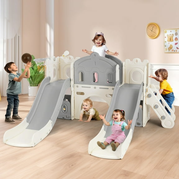 JOYLDIAS 9in1 Kids Toddler Double Slide Backyard Playground w/Climber,Basketball Hoop,Telescope, Indoor Outdoor Toys(Gray&White)