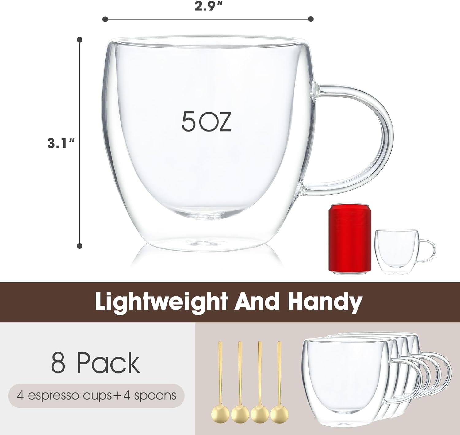 Espresso Cups Set Of 4,Double Wall 5OZ Hand Blown coffee Shots Glass,Espresso Coffee Mugs In Gift Box,Perfect For Espresso,Latte,Cappuccinos,Tea Bag,Juice