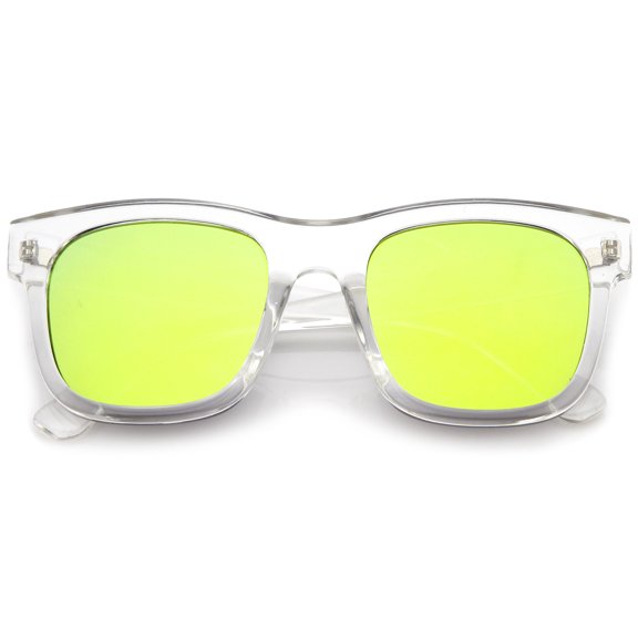 sunglassLA Unisex Retro Wide Temple Square Colored Mirror Flat Lens Horn Rimmed Sunglasses 57mm (Clear / Yellow Mirror) - 53mm