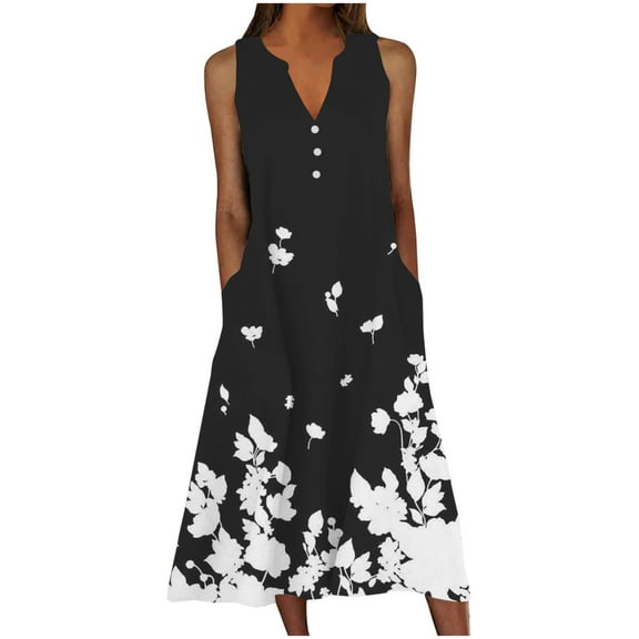YABCSAZ Summer Dresses for Women 2024 Casual Loose Floral Printed V Neck Tank Dress Plus Size Hollow Out Beach Sundress Sleeveless Dresses for Vacation
