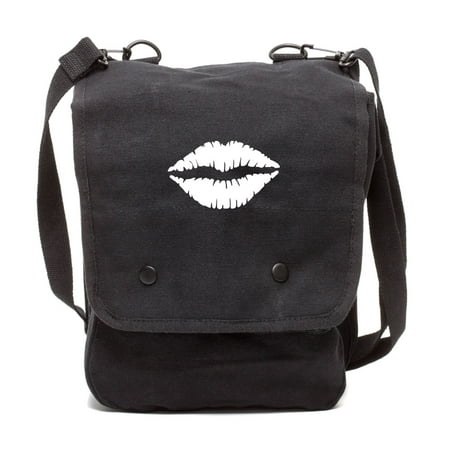Kiss Mark Lips Canvas Crossbody Travel Map Bag Case in Black &