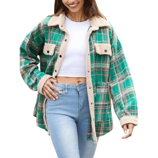 Surchemises en Flanelle d'Automne pour Femmes à Carreaux, Veste Boutonnée Décontractée à Manches Longues, Chemise en Molleton avec Poches, Vert P