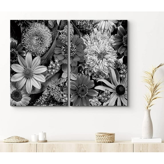 PixonSign Canvas Print Wall Art Daisies and Carnations Botanical Wilderness Photography Realism Contemporary Portrait Relax/Calm Dark Black and White for Living Room, Bedroom, Office - 24"x36"x2