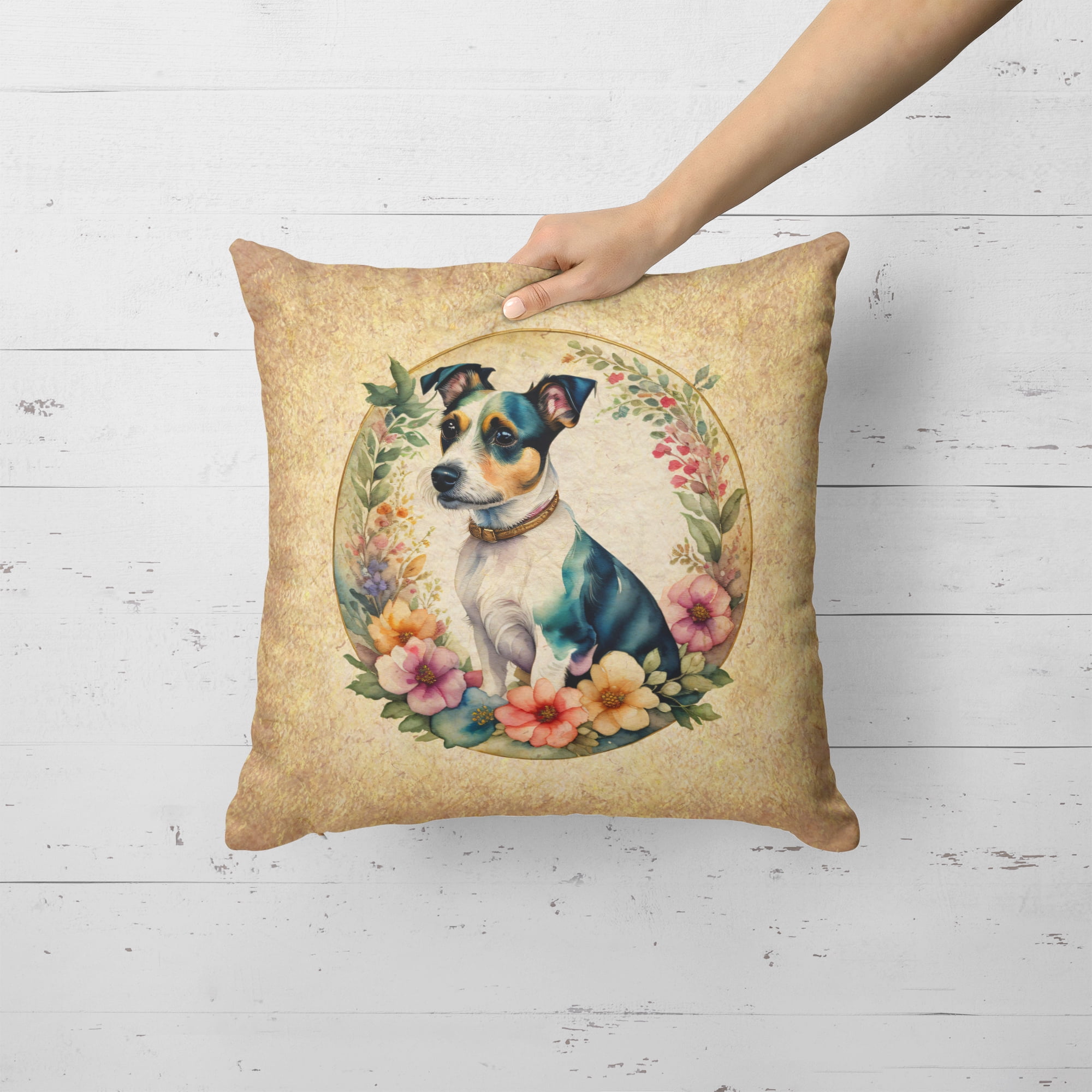 Jack Russell Terrier and Flowers Fabric Decorative Pillow 18 in x 18 in