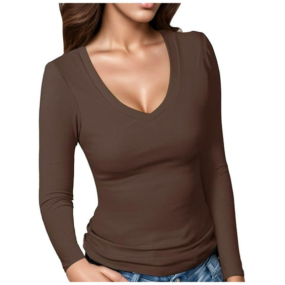TIANZEN Women's Ribbed V Neck Slim Fitted T Shirts Basic Solid Long Sleeve Layering Tee Tops Comfy Summer Shirts Tops Long Sleeve for Women Shirt Light