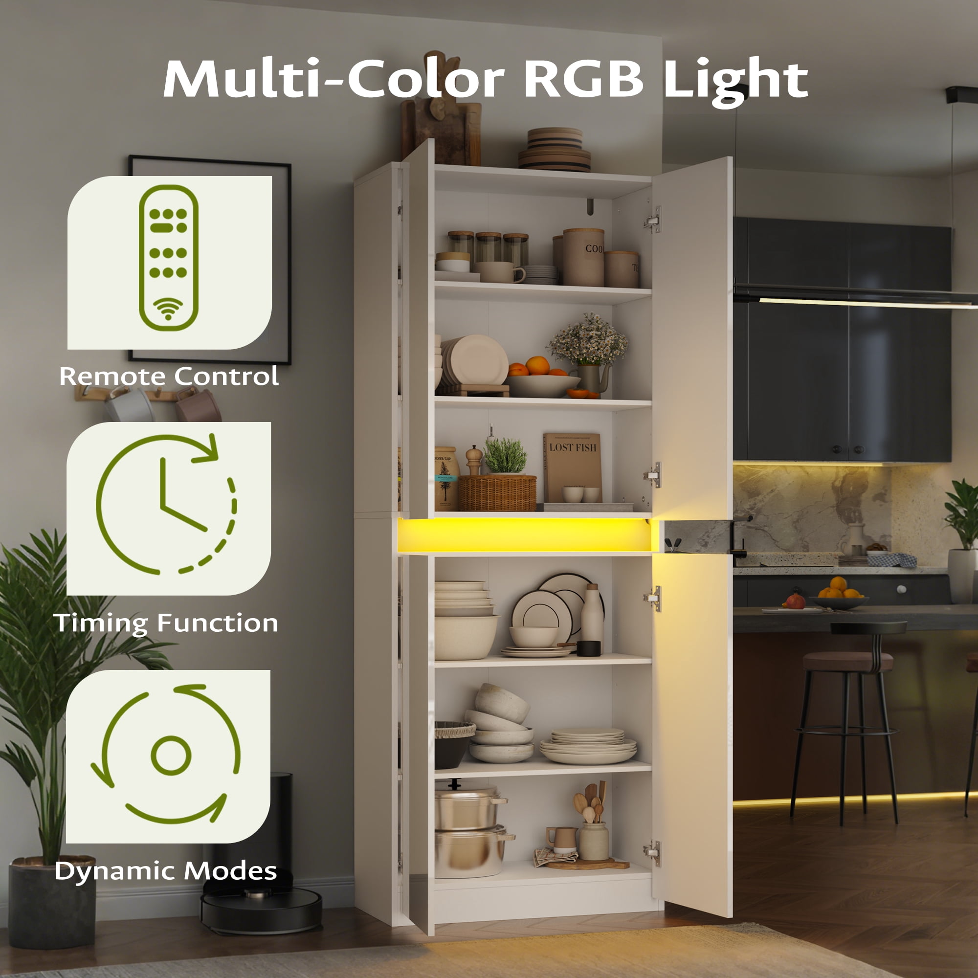 71" Tall Kitchen Pantry, Pantry Storage Cabinet with High Gloss Doors, Modern Buffet Hutch Cabinet with Led Light and Adjustable Shelves for Dining Room, Living Room, White