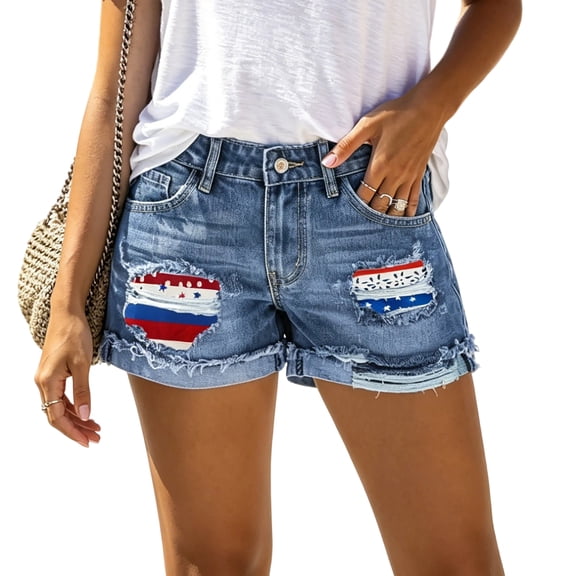 Domzest Womens American Flag Denim Shorts Mid-High Waisted Distressed Patriotic Star Print Rolled Hem Jean Shorts Blue XXL