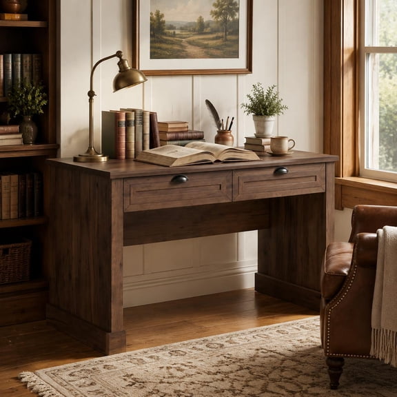 48 Inch Farmhouse Executive Desk with 2 Storage Drawers, Computer Writing and Study Table for Home Office, Brown