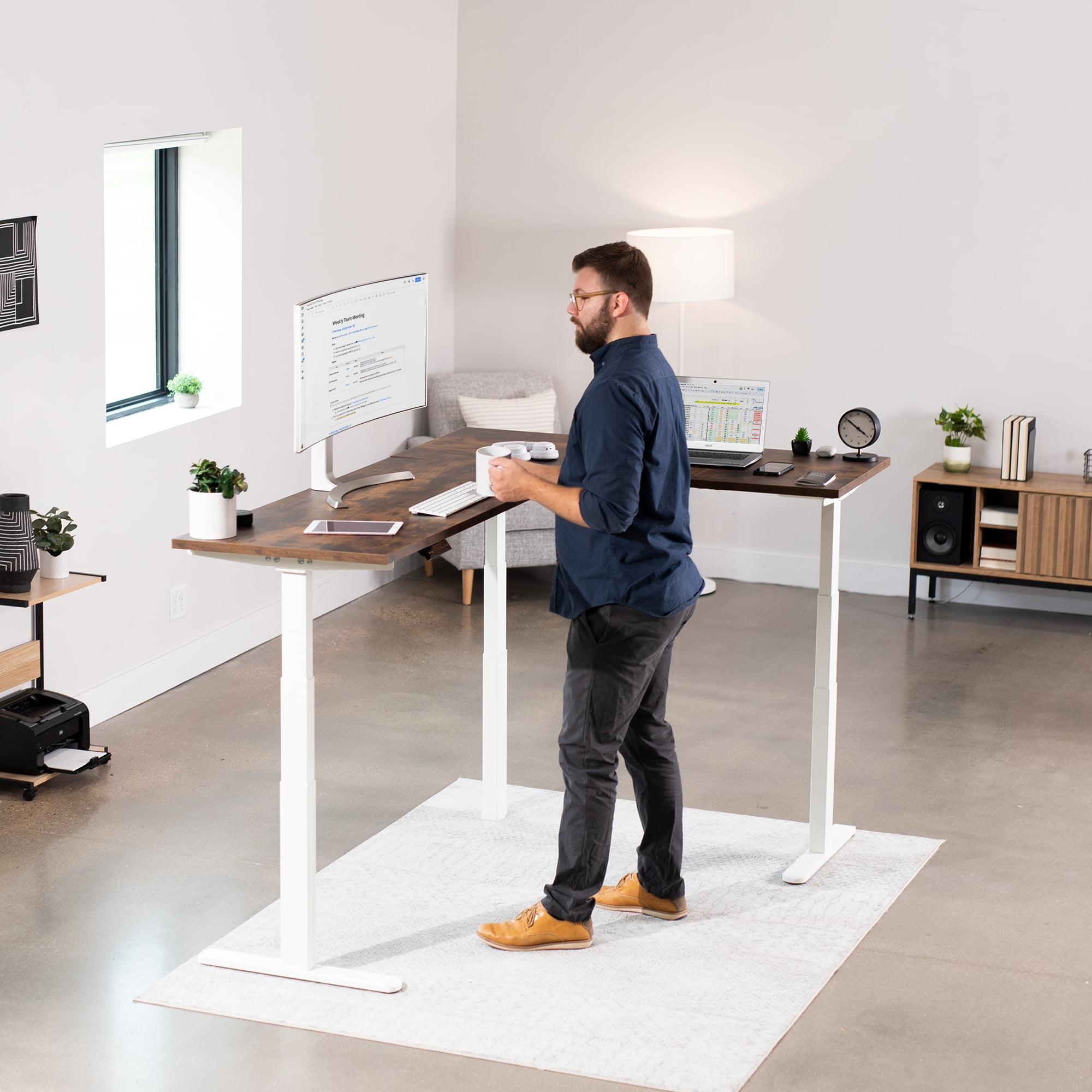 VIVO White Electric Motor Height Adjustable Corner 3 Leg Standing Desk Frame