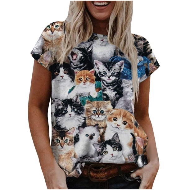 Camiseta informal para mujer con estampado de gato y cuello redondo, blusa de manga corta, Tops Fridja bn4686