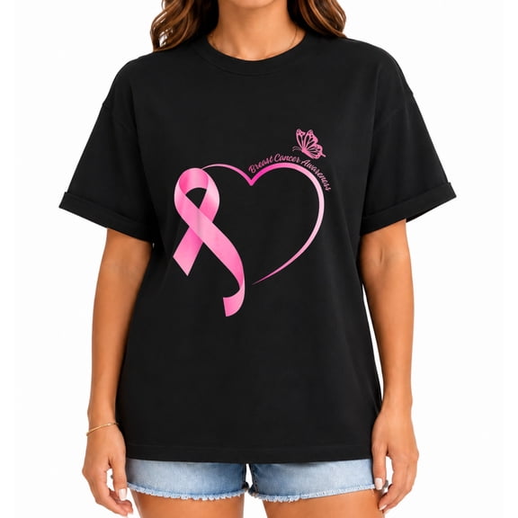 Breast Cancer Awareness Heart Pink Ribbon Butterfly Graphic Short Sleeve T-Shirt for Women