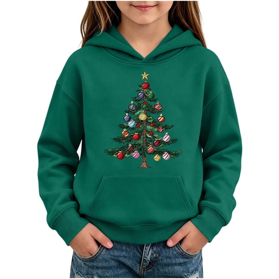 Gaxelrn Girls Christmas Tree Graphic Hoodie,Army Green Long Sleeve Pullover Sweatshirt with Kangaroo Pocket for Kids,Size 5-6T