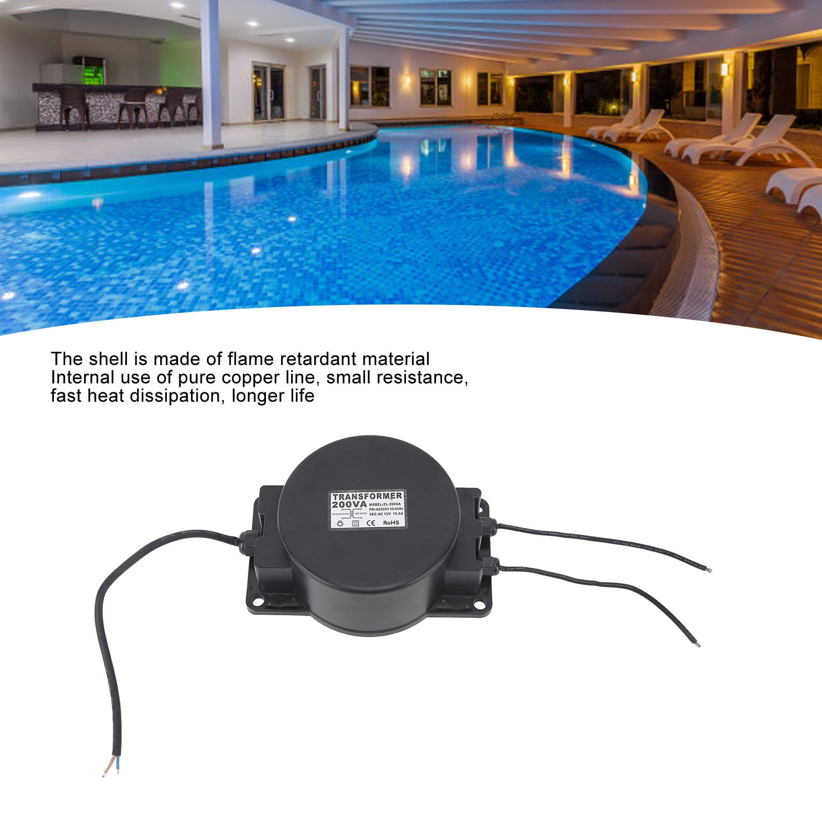 Yajisi 200W Pool Light Transformer 200VA AC 220V to 12V IP68 Waterproof Low Voltage Power Supply Unit for Underwater Swimming Pool Lights, Fountains, and Outdoor Landscape Lighting Applications