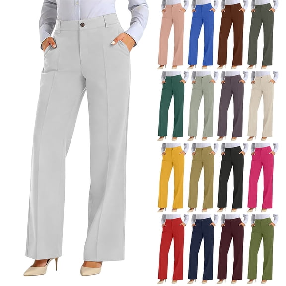 Wide Leg Pants for Women BWASD Straight Leg Suit Trousers Pockets Elegant Solid Color Trousers White S-XXXL Casual Business Office Outfit Ladies Slacks