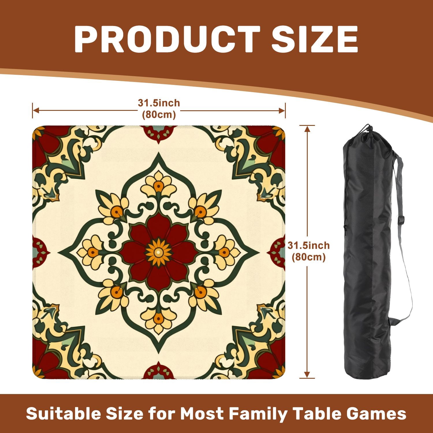 Mahjong Mat 31.5" x 31.5" Ornate Floral Mandala Red Yellow Green Symmetrical Design Non-Slip Noise Reduction American Mahjong Tiles Table Cover for Dominoes Poker Card Board Games Gift