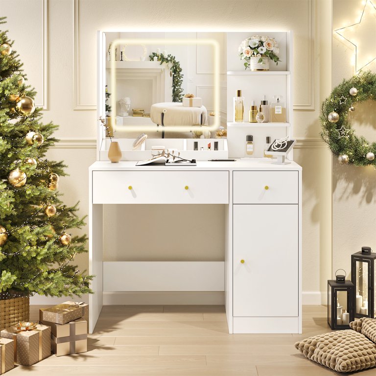 SUGIFT Makeup Vanity Desk Dressing Table with LED Lights & Power