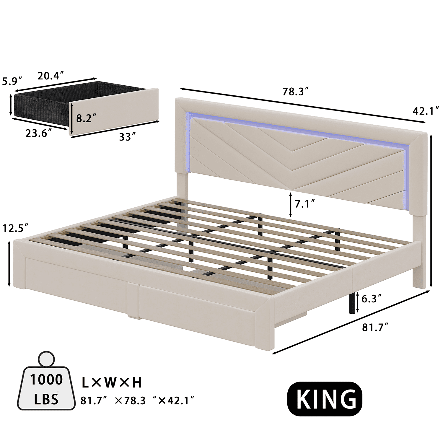 Fastroby King Upholstered Bed Frame with LED Headboard & Storage Drawer, No Box Spring Required