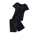 thumbnail image 3 of HVOBTTY Women's Short Sleeve and Short Pants Pajama Sets, Pajama Sets for Women, Women's Casual Soft Solid Color Loose Homewear Pajama Sets with Chest Pad Black, M, 3 of 5
