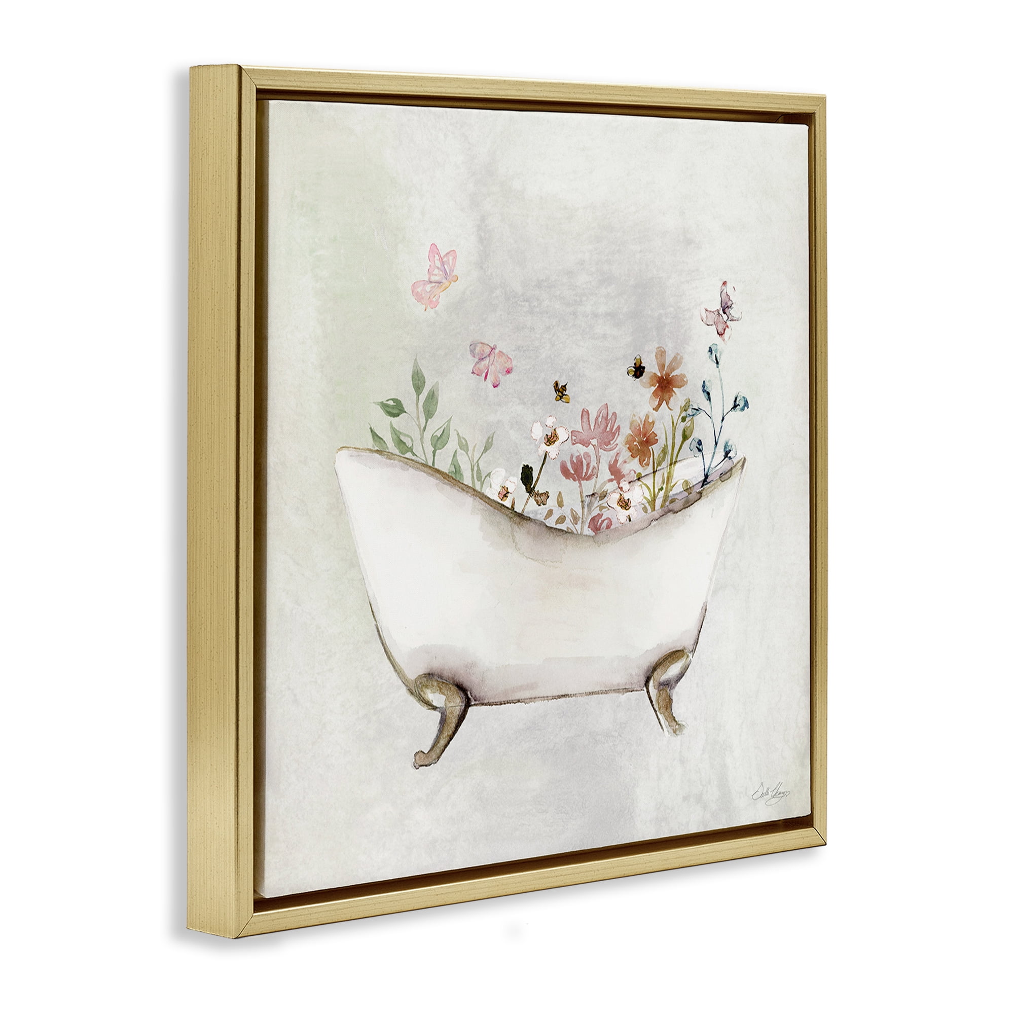 Stupell Industries Butterfly Floral Bath Typography Painting Gold Floater Framed Canvas Art Print Wall Art, 25 x 25