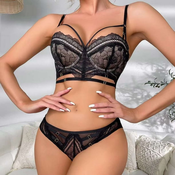 Conjunto de lenceria sexy con encaje calado y tirantes de sujetador anticaida con realce grande y busto pequeno Walmart en linea