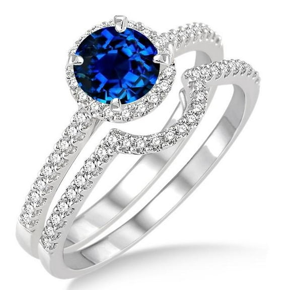 Art Deco 2 Carat Blue Sapphire And Moissanite Diamond Halo Bridal Set Engagement Ring on 10k White Gold