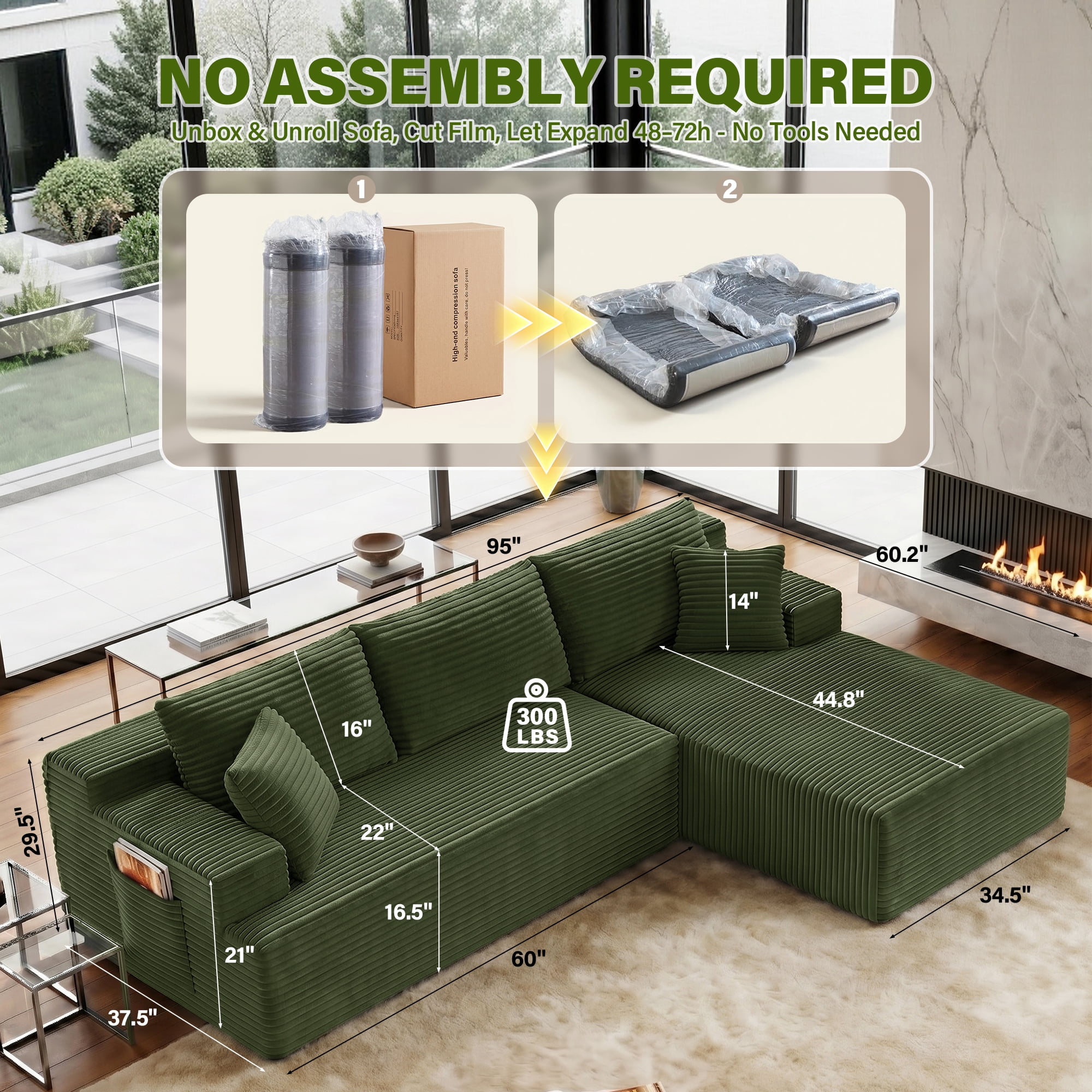 Aukfa 96" Cloud Sectional Couch, Modular L Shaped Boneless Sofa with Right Facing Chaise&2 Storage Pockets, Green