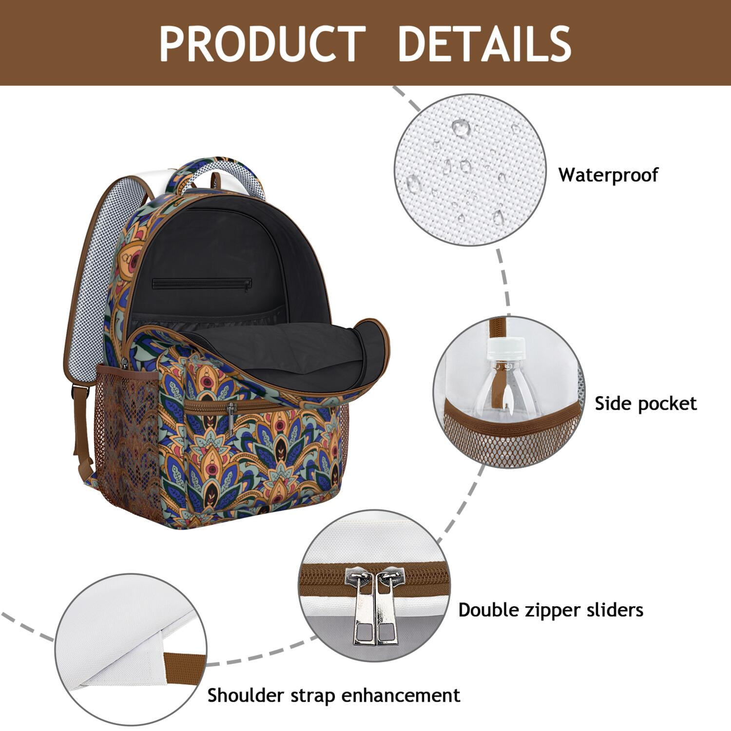 Artistic Waterproof School Backpack - Vintage Paisley Floral Print & Breathable Mesh Straps for Teens