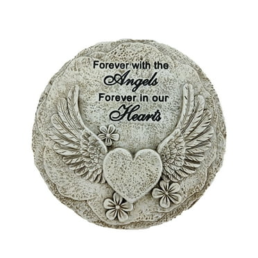 Mainstays 5.5in Outdoor Memeorial Stone, Gray Color, Angel Wing Design, Round Shape.