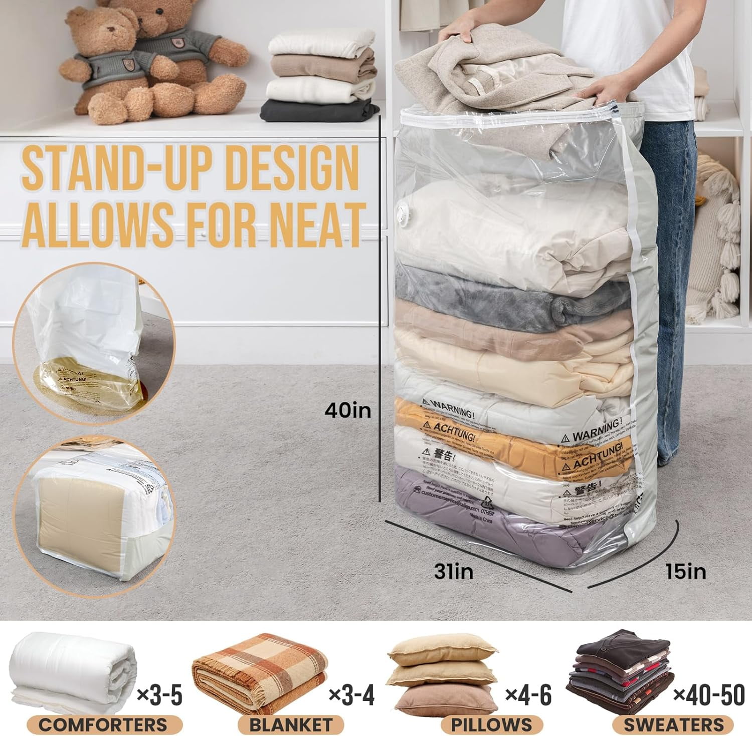 Vacuum Storage Bags 4 Pack, Jumbo Cube (31x40x15 Inch), Extra Large Seal for Clothing, Comforters, Blankets, Pillow, Bedding, Sweater, Closet Organizers, Space Saving, Cream
