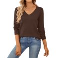 thumbnail image 5 of Women's Casual V-Neck Sweater Base Layer Knitted Long Sleeve Solid Color Top for Fall Winter Versatile Basics,Coffee,M, 5 of 7