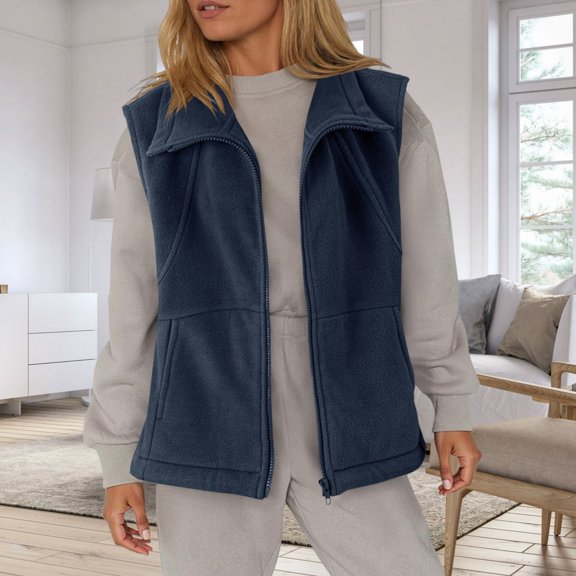 Zunfeo Women Fleece Vest Sofy Warm Fall Winter Sleeveless Jackets,Collar Zipper Outerwear with Pockets Navy S
