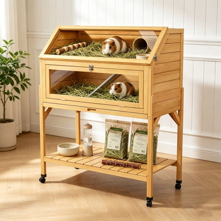 Wooden 2-Tier Guinea Pig Hutch on Wheels, Chew-Proof Small Animal Cage with 3 Acrylic Windows & Storage Shelf, Natural